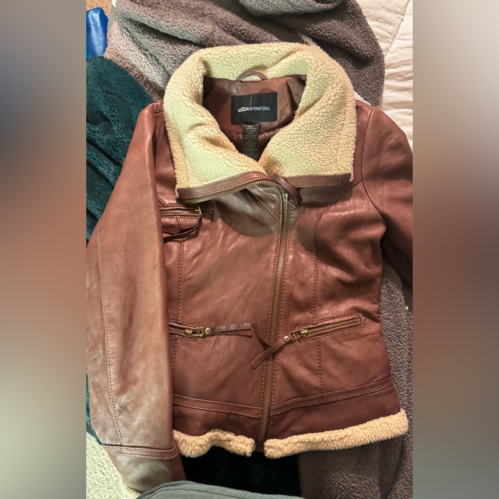 Moda International Tan Leather Jacket with Cream Trim